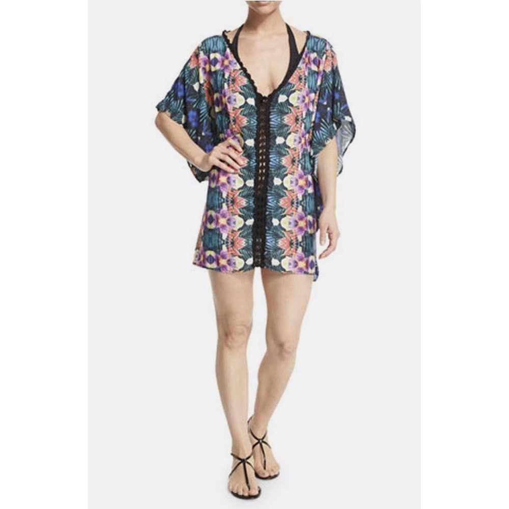 Nanette Lepore Swim Tropical Floral Crochet Trim Kaftan Cover Up NL7B350 Medium